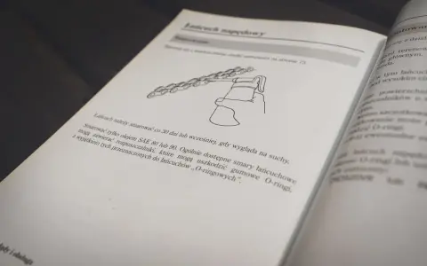 Ilustracja pokazuje, jak smarować łańcuch. Użyj oleju SAE 80 lub 90, unikaj smarów z rozpuszczalnikami, by nie uszkodzić O-ringów.