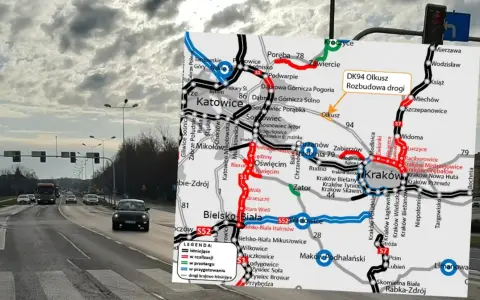 Mapa drogowa z zaznaczoną rozbudową DK94 Olkusz. Widok na ruchliwą trasę z samochodami i sygnalizacją świetlną.