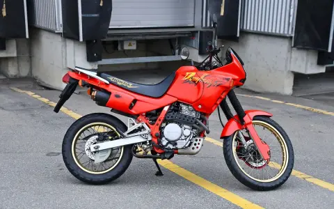 Czerwony motocykl Honda Dominator z lat 90. stoi na asfalcie. Ma złote felgi i czarne siedzenie.