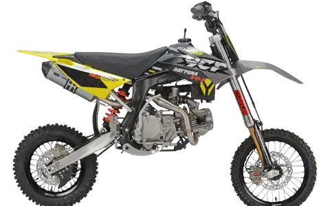 Daytona 190 SPS – jaki motocykl na 190 wzrostu? Ten żółto-szary pit bike z czarnym siedzeniem i oponami terenowymi wygląda na idealny do zabawy.