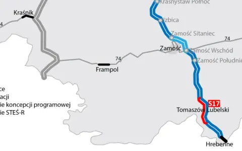 Mapa przedstawia przebieg drogi ekspresowej S17, z zaznaczonymi odcinkami istniejącymi (czarne), w realizacji (czerwone) oraz w fazie koncepcji (niebieskie).