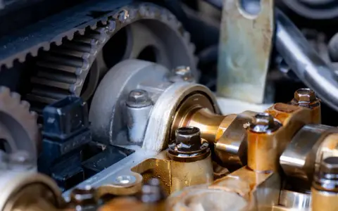 Widok mechanizmu rozrządu silnika. Uszkodzony napinacz łańcucha rozrządu może objawiać się stukaniem i nierówną pracą silnika.