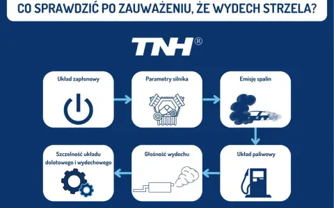 Schemat diagnostyczny: co sprawdzić, gdy wydech strzela? Obejmuje układ zapłonowy, parametry silnika, emisję spalin, szczelność układu dolotowego i wydechowego, głośność wydechu oraz układ paliwowy.