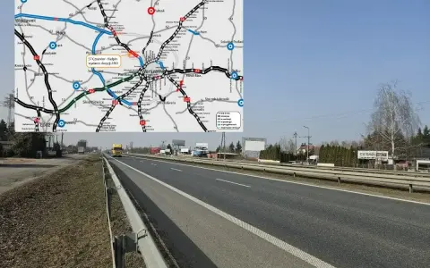 Mapa drogowa z zaznaczoną trasą S7 i widokiem na drogę ekspresową.