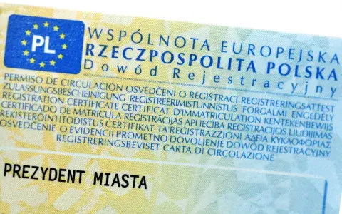Zgubienie dowodu rejestracyjnego to problem. Na dokumencie widnieje napis "Dowód Rejestracyjny" oraz godło Polski.