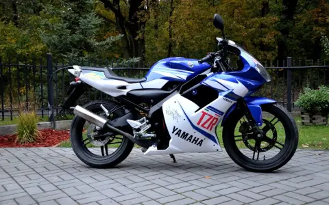 Sportowy motocykl Yamaha TZR 50 w niebiesko-białych barwach, gotowy do jazdy. Sprawdź jego atrakcyjną yamaha tzr 50 cena!