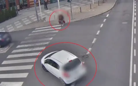 Biały samochód wymusza pierwszeństwo na pasach, omal nie potrącając pieszego z walizką. Inny samochód zatrzymał się przed przejściem.