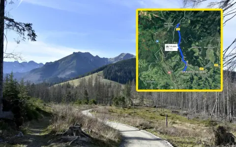 Malownicza droga w górach, prowadząca do najwyżej położonej drogi w Polsce. Widok na Tatry i mapę z trasą.