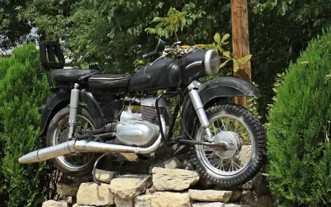 Czarny motocykl z matowym malowaniem baku, stojący na kamiennym murku wśród zieleni.