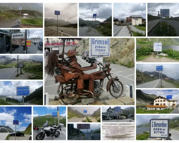 Przełęcz okraj, znaki drogowe i krajobrazy górskie. Widok na przełęcz Grimsel, S. Bernardino, Furkapass i inne.