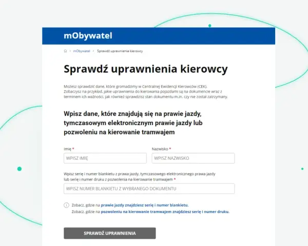 Sprawdź dane kierowcy, w tym datę ważności prawa jazdy i uprawnienia. Wpisz imię, nazwisko i numer blankietu.