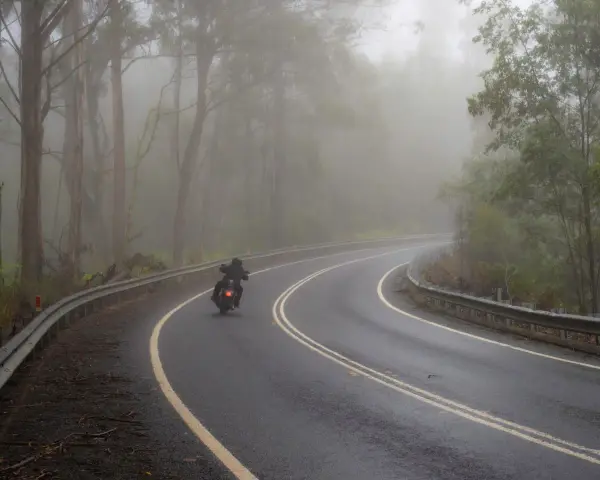 Motocyklista pokonuje zakręt na mokrej drodze, gdzie grozi mu aquaplaning. Mgła otula las, tworząc tajemniczą atmosferę.