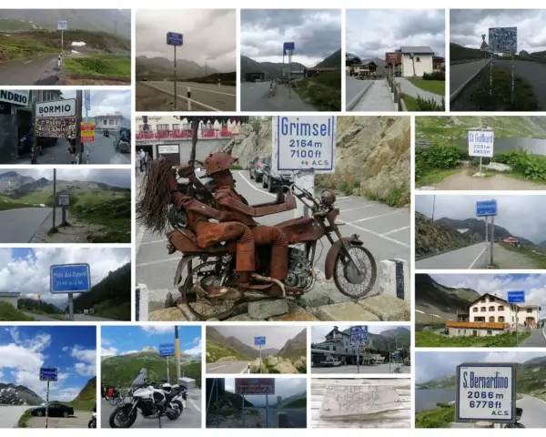 Kolaż zdjęć z górskich przełęczy, m.in. Grimsel, St. Gotthard, S. Bernardino, Furkapass, Pass dal Fuorn. Widać znaki drogowe, krajobrazy i rdzawy motocykl.