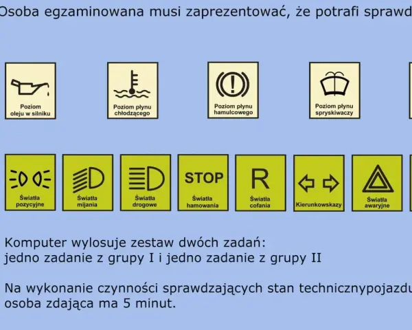 Jak wygląda egzamin praktyczny na prawo jazdy: sprawdzenie poziomu oleju, płynów, świateł, sygnału dźwiękowego. Losowane są dwa zadania.