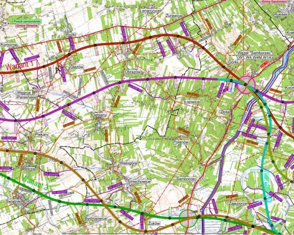Mapa drogowa z przebiegiem drogi S74 i wariantami budowy. Widoczne miejscowości: Komorna, Święcica, Piekary, Bilcza, Sandomierz, Samborzec, Ostrołęka.