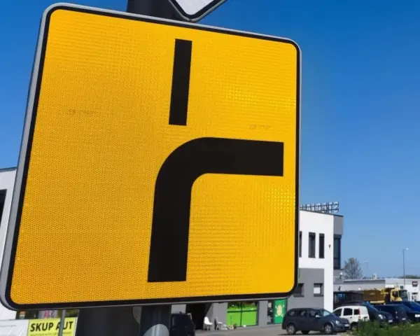 Żółty znak drogowy informuje o drodze z pierwszeństwem łamanym, gdzie główna droga skręca w prawo.