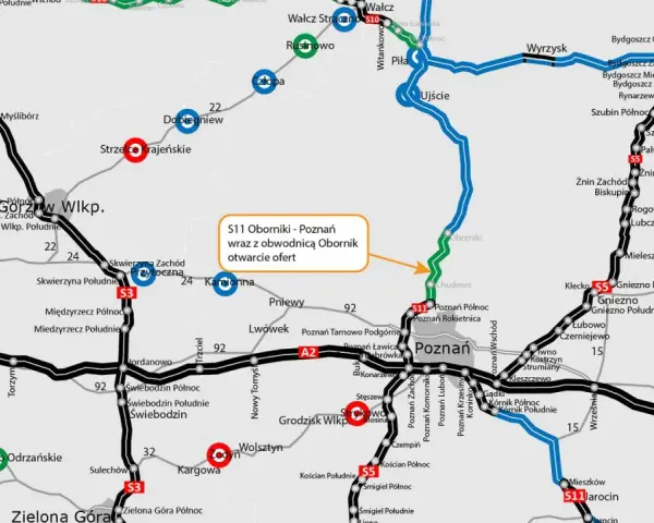 Mapa drogowa Polski, ukazująca drogę do poznania przez sieć autostrad i dróg krajowych, z zaznaczonymi miastami i węzłami.