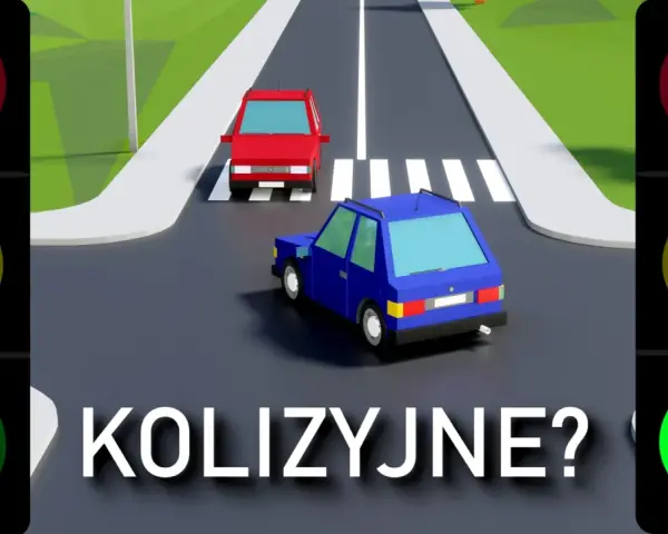 Sygnalizacja świetlna kolizyjna i bezkolizyjna: czerwone, żółte i zielone światła z kierunkowskazami. Dwa samochody na drodze.