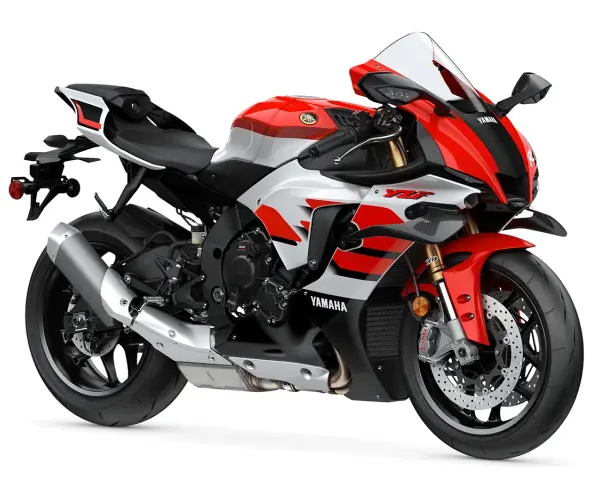 Sportowy motocykl Yamaha R1 w kolorze czerwono-białym, gotowy do wyścigów rn22.