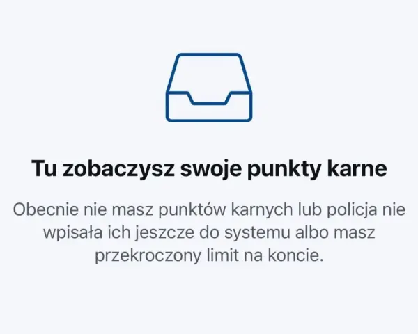 Ikona folderu i tekst: "Tu zobaczysz swoje punkty karne". Obecnie brak punktów, ale uwaga na recydywę za prędkość!
