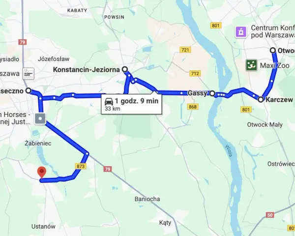 Trasy motocyklowe Warszawa: Pętla przez Piaseczno, Konstancin-Jeziorna, Gassy, Karczew i Otwock. 33 km, 1h 9 min.