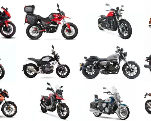 Kolekcja różnorodnych chińskich motocykli: sportowe, turystyczne, klasyczne i terenowe.