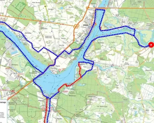 Trasa rowerowa wokół Jeziora Zegrzyńskiego, z zaznaczonym miastem Serock na trasie Pułtusk Węgrów.