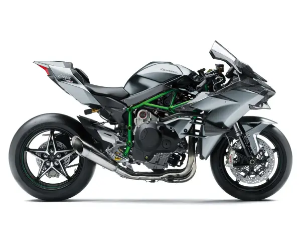 Kawasaki Ninja H2R, sportowy motocykl z zieloną ramą i srebrnymi panelami, gotowy do wyścigów.