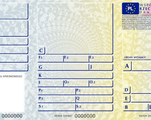 Miękki dowód rejestracyjny z danymi pojazdu, takimi jak rok produkcji, ładowność i numer karty pojazdu. Widoczne pola na wpisanie informacji.