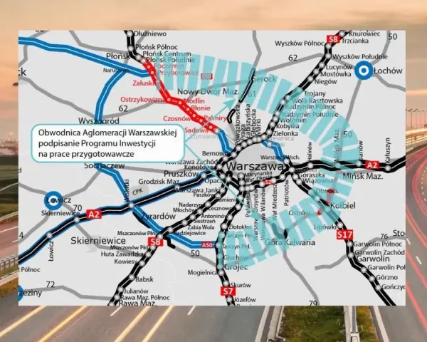 Mapa drogowa z zaznaczoną trasą S50, obwodnicą aglomeracji warszawskiej, oraz autostradą A2 i S8.