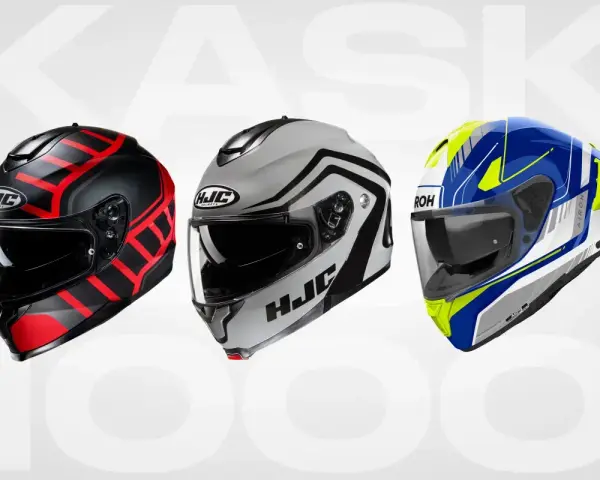 Trzy kaski motocyklowe: czarny z czerwonymi pasami, srebrny z czarnymi akcentami i biało-niebiesko-żółty. Dowiedz się, jak dobrać kask motocyklowy 7 ważnych zasad.