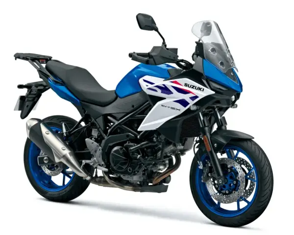 Niebiesko-biały Suzuki SV650X, jeden z najlepszych motocykli, gotowy na przygodę.
