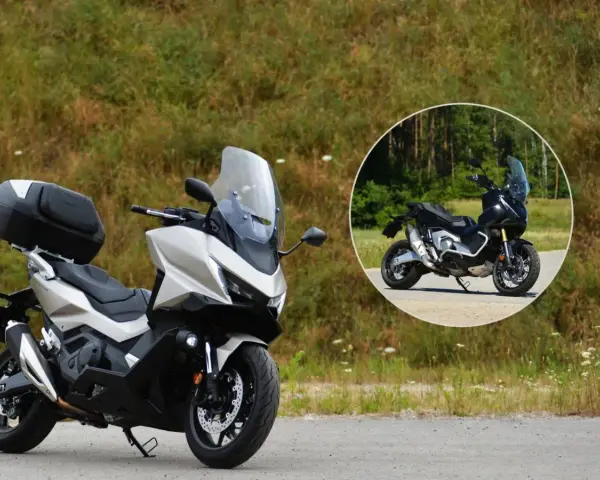 Srebrny skuter Honda Forza 750 z kufrem, w tle okrągłe zdjęcie czarnego modelu. Idealny do szybkiej jazdy, sprawdzamy honda forza 750 prędkość maksymalna.