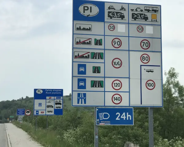 Znaki drogowe w Polsce: ograniczenie prędkości dla samochodów osobowych, ciężarowych i motocykli. Obowiązują różne limity prędkości w zależności od pojazdu i drogi.