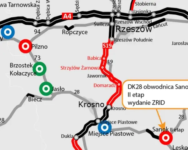 Mapa drogowa z zaznaczonymi miastami: Rzeszów, Krosno, Sanok, Jasło, Pilzno, Tarnów, Brzesko, Nowy Sącz, Przemyśl. Trasa S19 i A4.