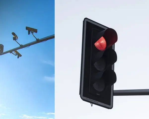 System red light zatrzymuje ruch. Po lewej kamery monitorujące, po prawej czerwone światło sygnalizatora.