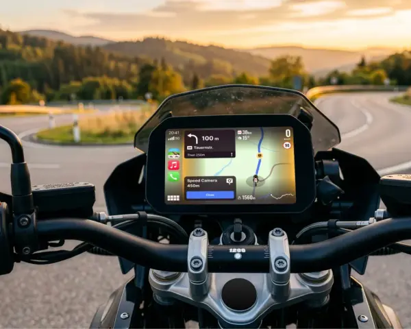Nawigacja na motocyklu z Google Maps w trybie motocyklowym. Widok na zakręconą drogę w górach o zachodzie słońca.