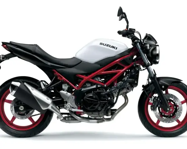 Biały Suzuki SV 650 z czerwonym stelażem. Sprawdź, jaka jest wysokość siedzenia, by poczuć wolność na drodze.