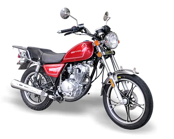 Czerwony motocykl Benyco BR125, gotowy do jazdy. Jego silnik jest jak precyzyjny niutonometr, odmierzający moc.