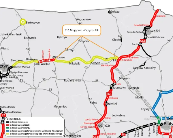 Mapa drogowa z zaznaczoną drogą S16, łączącą Mrągowo, Orzysz i Ełk. Widoczne są również inne drogi krajowe i wojewódzkie.