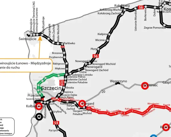 Mapa drogowa z zaznaczoną autostradą a3 i innymi drogami. Wyróżniono odcinek Świnoujście - Międzyzdroje.