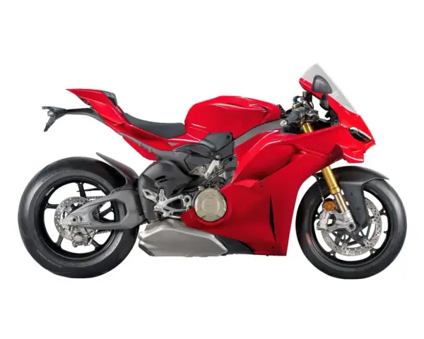 Czerwony motocykl Ducati Panigale V4, gotowy do podboju toru wyścigowego.