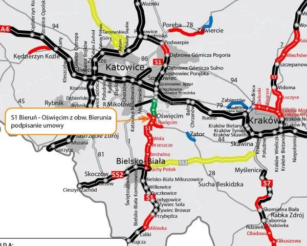 Mapa drogowa z zaznaczoną trasą S1 między Bieruniem a Oświęcimiem, z informacją o podpisaniu umowy.
