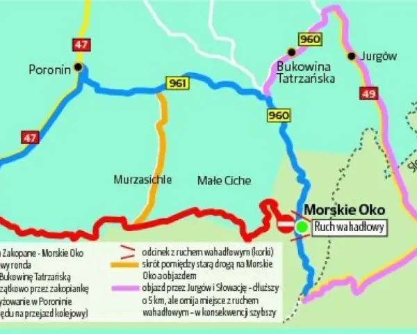 Mapa dróg z Zakopanego do Morskiego Oka. Zakopianka z objazdami i ruchem wahadłowym.