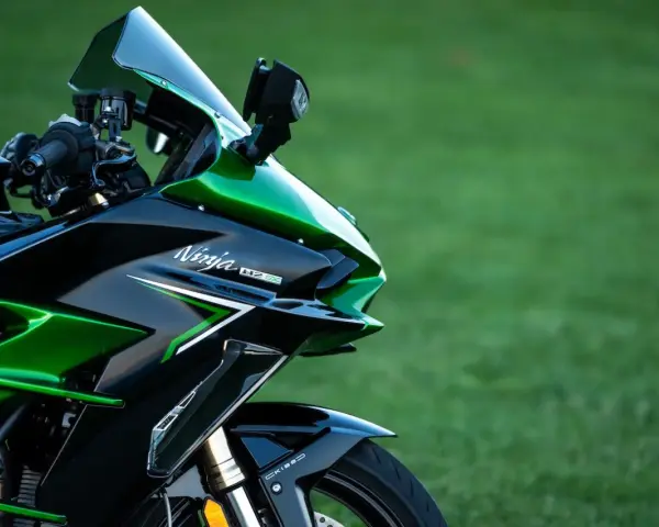 Błyszczący, czarno-zielony motocykl Kawasaki H2 SX z napisem "Ninja H2 SX" na owiewce, zaparkowany na tle zielonej trawy.