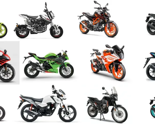 Kolekcja motocykli, w tym modele marki japońskich motocykli: Yamaha, Suzuki, Kawasaki. Różne style, od sportowych po terenowe.