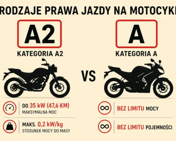 Porównanie kategorii prawa jazdy na motor: A2 (do 35 kW) vs A (bez limitu mocy i pojemności).