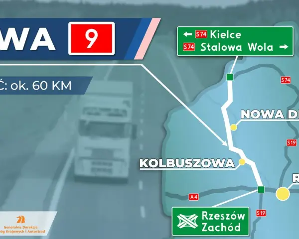 Mapa z zaznaczoną drogą krajową nr 9, prowadzącą przez Nową Dębę i Kolbuszową. Widać też kierunki na Kielce i Stalową Wolę.