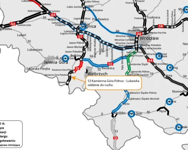 Mapa drogowa Dolnego Śląska z zaznaczoną autostradą A3, drogami krajowymi i ich statusem.
