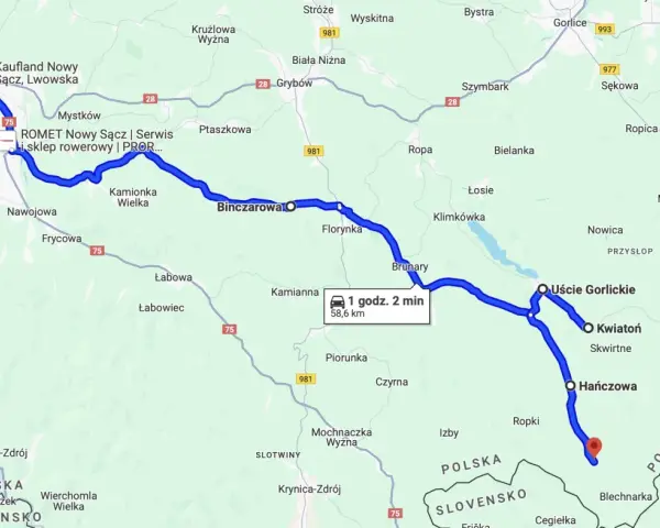 Mapa drogowa Podkarpacia z zaznaczoną trasą motocyklową od Nowego Sącza do okolic Hańczowej.